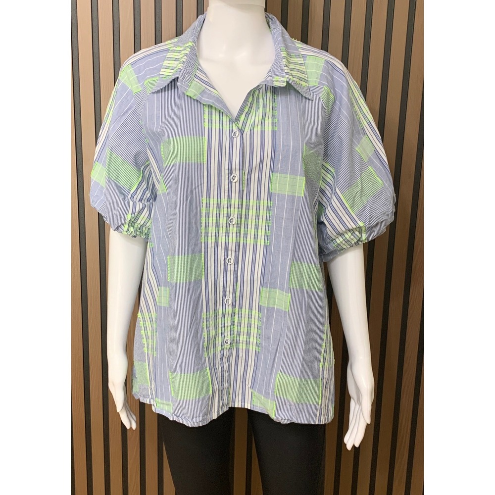 Ali Miles Blue White Stripe Lime Green Patchwork Blouse Puff Sleeve 1X